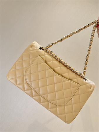 Chanel Medium Classic Flap Bag Grained Calfskin Gold Tone Metal Beige 01112 TOP