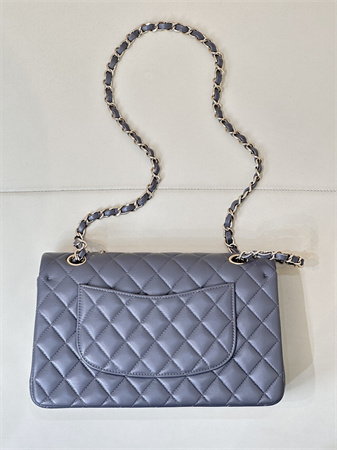 Chanel Medium Classic Flap Bag Lambskin Gold Tone Metal Dk Grey 01112 TOP