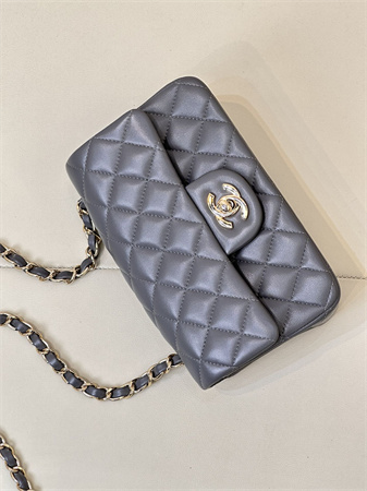 Chanel Mini Classic Flap Bag Lambskin Gold Tone Metal Dk Grey Color 01116 TOP