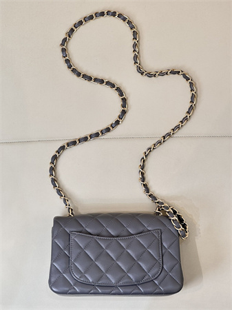 Chanel Mini Classic Flap Bag Lambskin Gold Tone Metal Dk Grey Color 01116 TOP