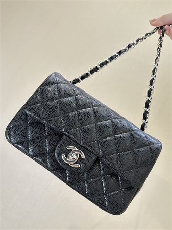 Chanel Mini Classic Flap Bag Grained Calfskin Silver Tone Metal Black Color 01116 TOP