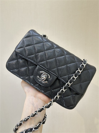 Chanel Mini Classic Flap Bag Grained Calfskin Silver Tone Metal Black Color 01116 TOP