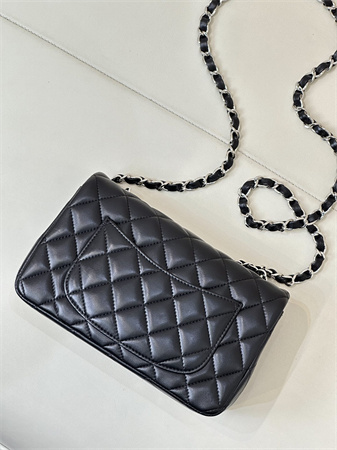 Chanel Mini Classic Flap Bag Lambskin Silver Tone Metal Black Color 01116 TOP
