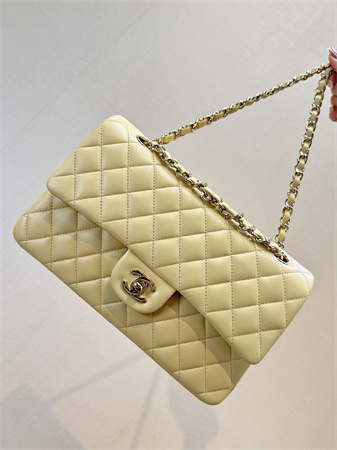 Chanel Medium Classic Flap Bag Lambskin Gold Tone Metal Yellow 01112 TOP