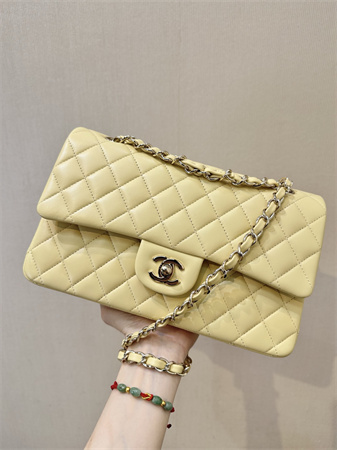 Chanel Medium Classic Flap Bag Lambskin Gold Tone Metal Yellow 01112 TOP