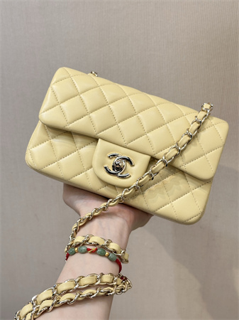 Chanel Mini Classic Flap Bag Lambskin Gold Tone Metal Yellow Color 01116 TOP