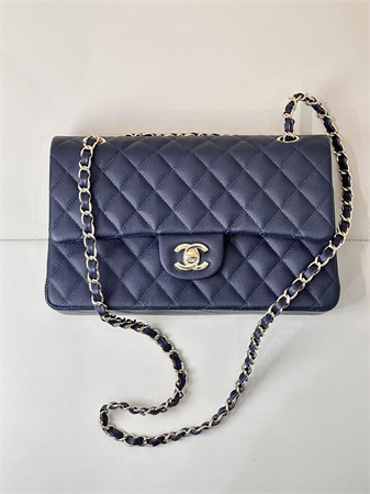 Chanel Medium Classic Flap Bag Grained Calfskin Gold Tone Metal Navy 01112 TOP