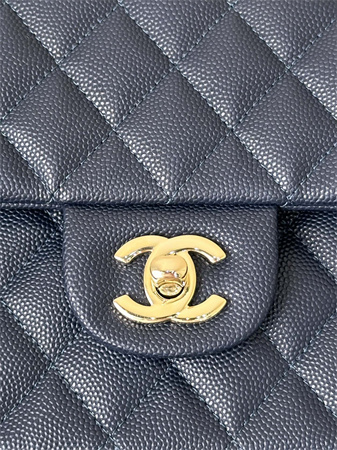 Chanel Medium Classic Flap Bag Grained Calfskin Gold Tone Metal Navy 01112 TOP