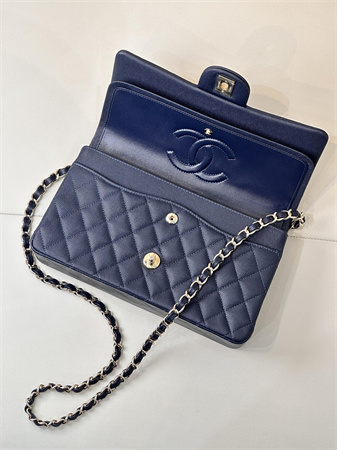 Chanel Medium Classic Flap Bag Grained Calfskin Gold Tone Metal Navy 01112 TOP