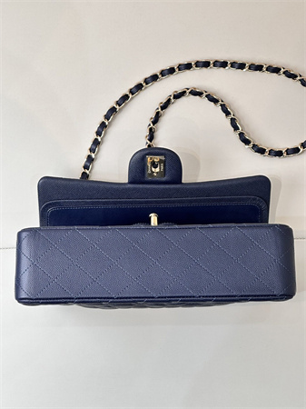 Chanel Medium Classic Flap Bag Grained Calfskin Gold Tone Metal Navy 01112 TOP