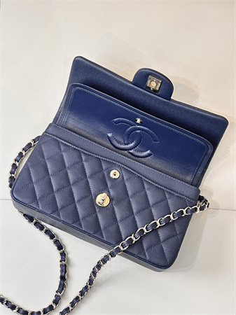 Chanel Small Classic Flap Bag Grained Calfskin Gold Tone Metal Navy 01117 TOP