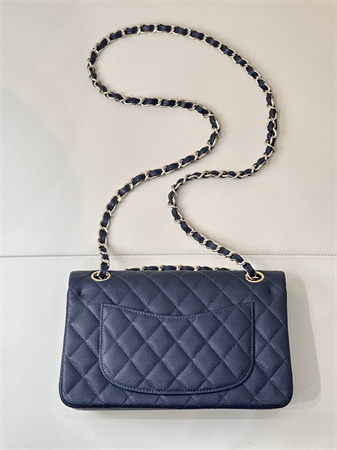 Chanel Small Classic Flap Bag Grained Calfskin Gold Tone Metal Navy 01117 TOP