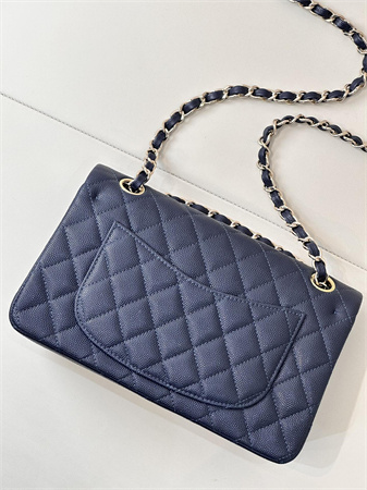 Chanel Small Classic Flap Bag Grained Calfskin Gold Tone Metal Navy 01117 TOP