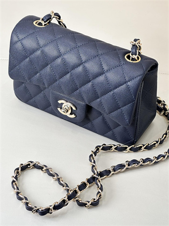 Chanel Mini Classic Flap Bag Grained Calfskin Gold Tone Metal Navy Color 01116 TOP