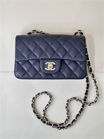 Chanel Mini Classic Flap Bag Grained Calfskin Gold Tone Metal Navy Color 01116 TOP