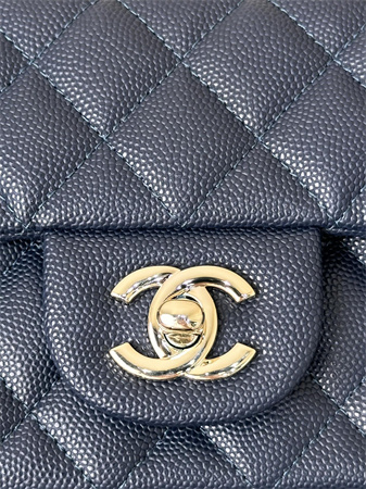 Chanel Mini Classic Flap Bag Grained Calfskin Gold Tone Metal Navy Color 01116 TOP