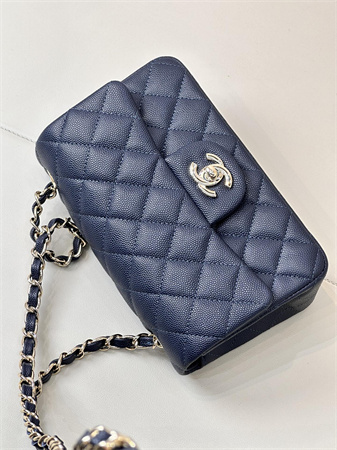 Chanel Mini Classic Flap Bag Grained Calfskin Gold Tone Metal Navy Color 01116 TOP
