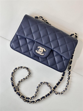 Chanel Mini Classic Flap Bag Grained Calfskin Gold Tone Metal Navy Color 01116 TOP