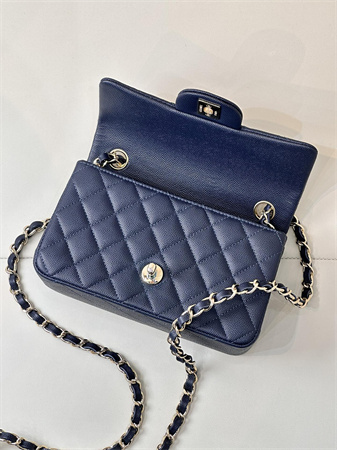 Chanel Mini Classic Flap Bag Grained Calfskin Gold Tone Metal Navy Color 01116 TOP