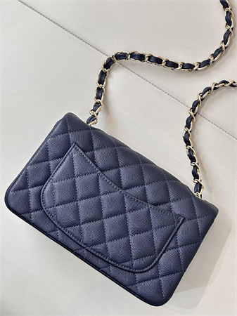 Chanel Mini Classic Flap Bag Grained Calfskin Gold Tone Metal Navy Color 01116 TOP