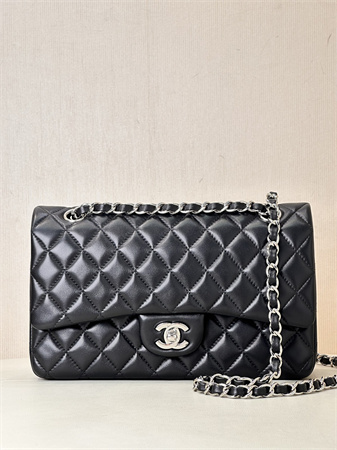 Chanel Medium Classic Flap Bag Lambskin Silver Tone Metal Black 01112 TOP