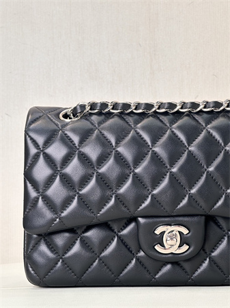 Chanel Medium Classic Flap Bag Lambskin Silver Tone Metal Black 01112 TOP