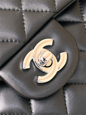 Chanel Medium Classic Flap Bag Lambskin Silver Tone Metal Black 01112 TOP