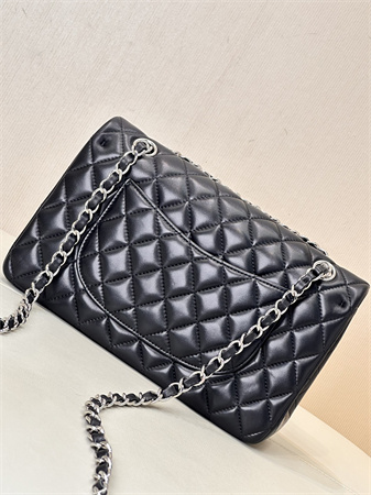 Chanel Medium Classic Flap Bag Lambskin Silver Tone Metal Black 01112 TOP