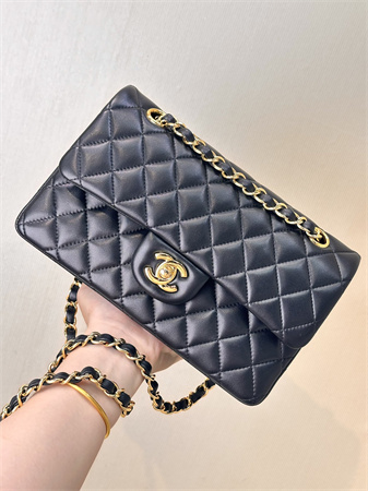 Chanel Small Classic Flap Bag Lambskin Gold Tone Metal Black 01117 TOP