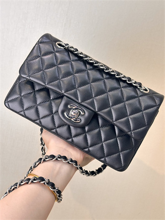 Chanel Small Classic Flap Bag Lambskin Silver Tone Metal Black 01117 TOP