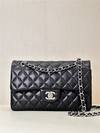 Chanel Small Classic Flap Bag Lambskin Silver Tone Metal Black 01117 TOP