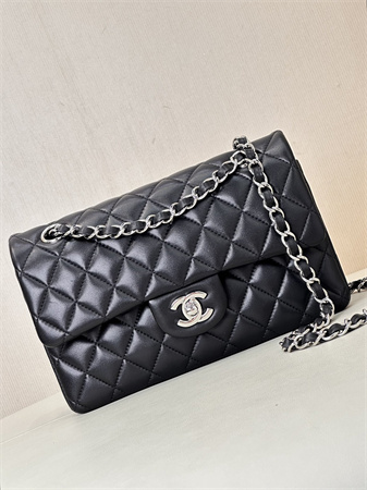 Chanel Small Classic Flap Bag Lambskin Silver Tone Metal Black 01117 TOP