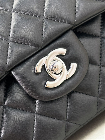 Chanel Small Classic Flap Bag Lambskin Silver Tone Metal Black 01117 TOP