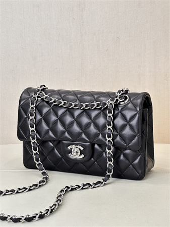 Chanel Small Classic Flap Bag Lambskin Silver Tone Metal Black 01117 TOP