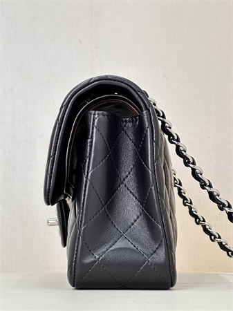 Chanel Small Classic Flap Bag Lambskin Silver Tone Metal Black 01117 TOP