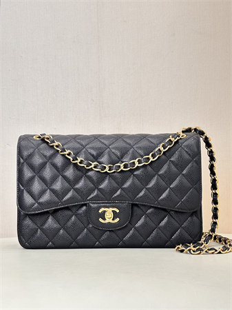 Chanel Large Classic Flap Bag Grained Cafskin Gold Tone Metal Black 58600 TOP