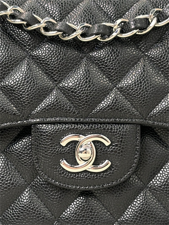 Chanel Large Classic Flap Bag Grained Cafskin Silver Tone Metal Black 58600 TOP