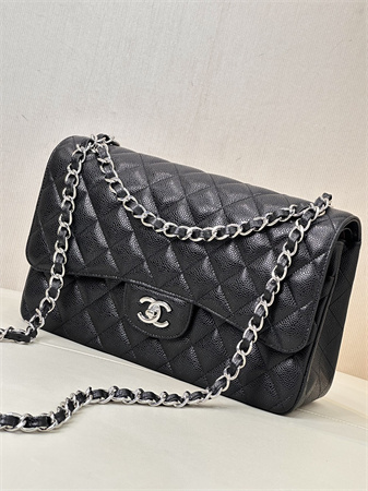 Chanel Large Classic Flap Bag Grained Cafskin Silver Tone Metal Black 58600 TOP