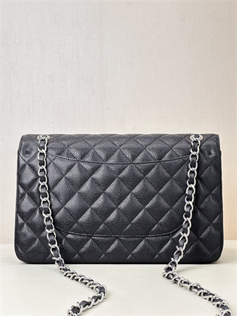 Chanel Large Classic Flap Bag Grained Cafskin Silver Tone Metal Black 58600 TOP