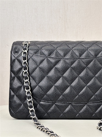 Chanel Large Classic Flap Bag Grained Cafskin Silver Tone Metal Black 58600 TOP