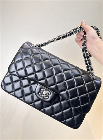 Chanel Large Classic Flap Bag Lambskin Silver Tone Metal Black 58600 TOP