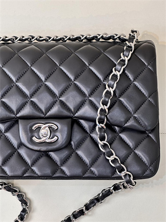 Chanel Large Classic Flap Bag Lambskin Silver Tone Metal Black 58600 TOP