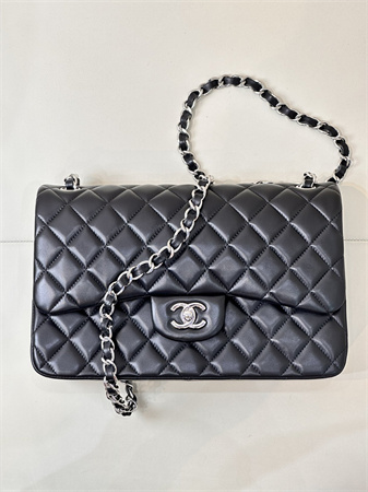 Chanel Large Classic Flap Bag Lambskin Silver Tone Metal Black 58600 TOP