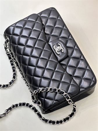 Chanel Large Classic Flap Bag Lambskin Silver Tone Metal Black 58600 TOP