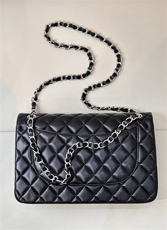 Chanel Large Classic Flap Bag Lambskin Silver Tone Metal Black 58600 TOP