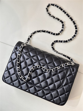 Chanel Large Classic Flap Bag Lambskin Silver Tone Metal Black 58600 TOP