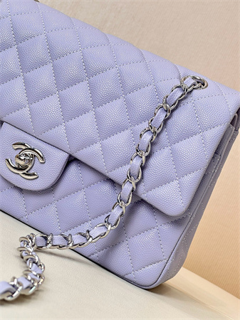 Chanel Medium Classic Flap Bag Grained Calfskin Silver Tone Metal Lt Purple 01112 TOP