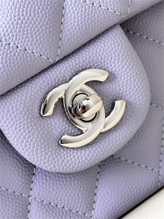 Chanel Medium Classic Flap Bag Grained Calfskin Silver Tone Metal Lt Purple 01112 TOP