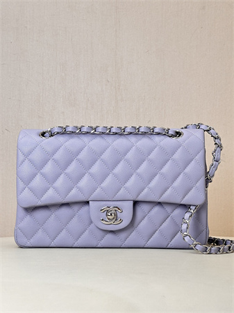 Chanel Medium Classic Flap Bag Grained Calfskin Silver Tone Metal Lt Purple 01112 TOP