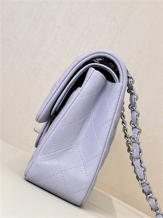 Chanel Medium Classic Flap Bag Grained Calfskin Silver Tone Metal Lt Purple 01112 TOP